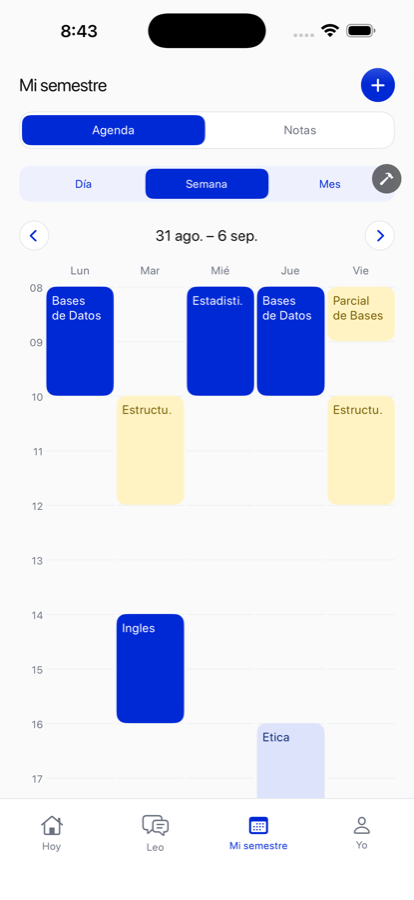 Agenda semanal con clases, parciales y sesiones de estudio